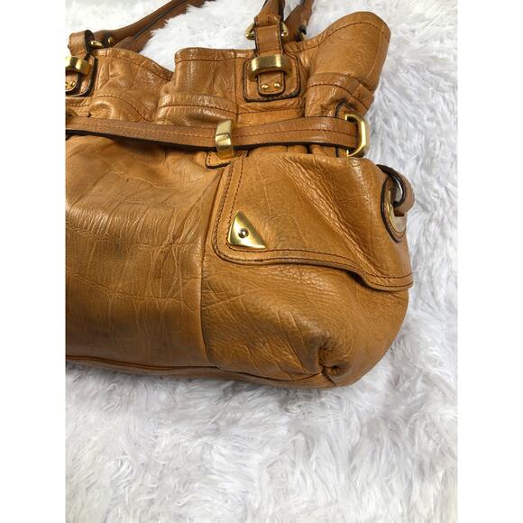 B. Makowsky Heavy Leather Shoulder Boho Handbag Camel Belted Magnetic Closure - Picture 4 of 13